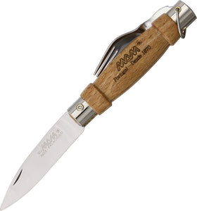 MAM Light Brown Beechwood Folding Stainless Pocket Knife w/ Fork & Keyring 1B