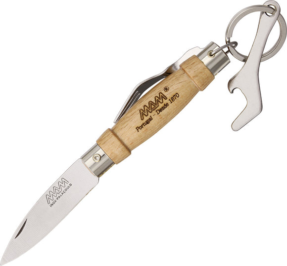 MAM Beechwood Folding Stainless Pocket Knife w/ Fork Bottle Opener & Keyring 1C