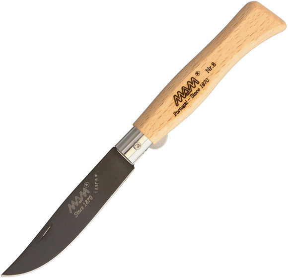MAM Linerlock Natural Beechwood Folding Black Titanium Stainless Knife 2085
