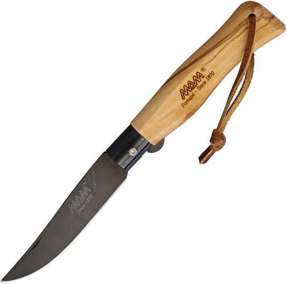 MAM Anniversary Olive Wood Folding Black Titanium Pocket Knife 2212