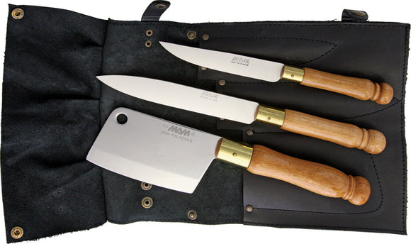 MAM 4pc Cleaver Paring Utility Fixed Knife Set w/ Black Leather Knife Roll 3009