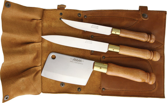 MAM 4pc Cleaver Paring Utility Fixed Knife Set w/ Leather Knife Roll 3008