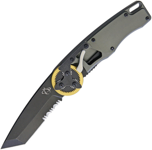 Mantis Gearhead Linerlock Brass Black Serrated Tanto Folding Knife2022TBS