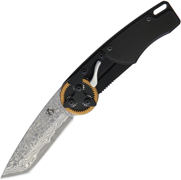 Mantis Gearhead Folding Pocket Knife Black Aluminum Damascus Tanto 2027T