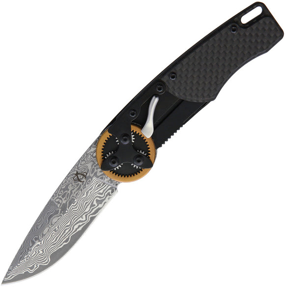 Mantis Gearhead Folding Pocket Knife Black CF Damascus Clip Point Blade 2028DP