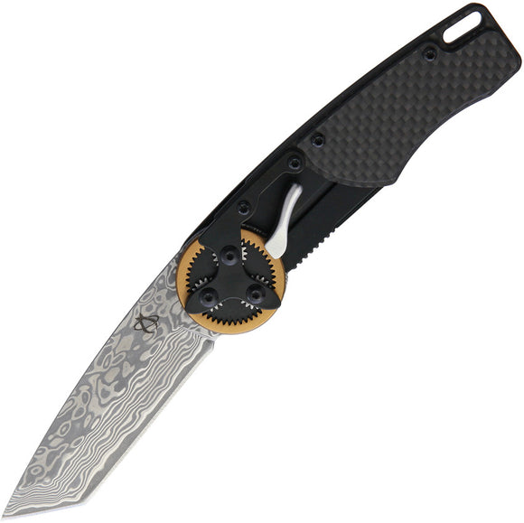 Mantis Gearhead Folding Pocket Knife Black CF Damascus Tanto Blade 2028T
