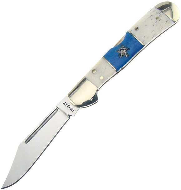 Frost Masonic Lockback Blue White Bone Handle Stainless Folding Knife