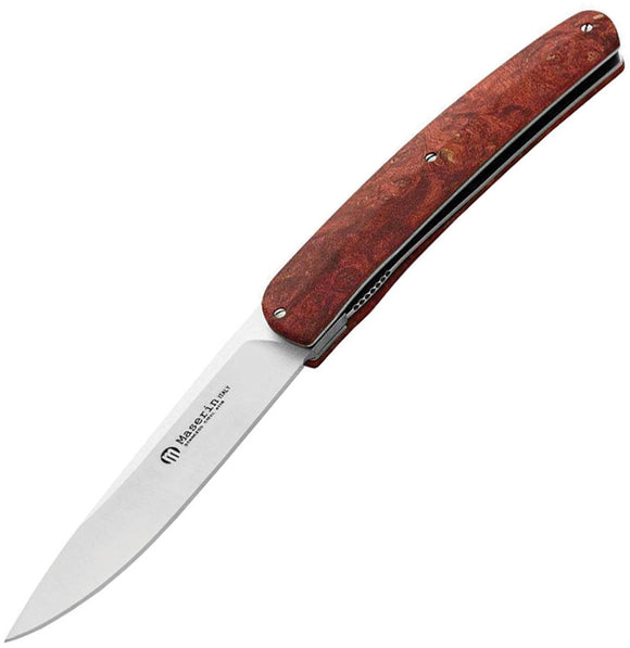 Maserin Gourmet Linerlock Red Burl Wood Folding Knife + Leather Sheath 380rr