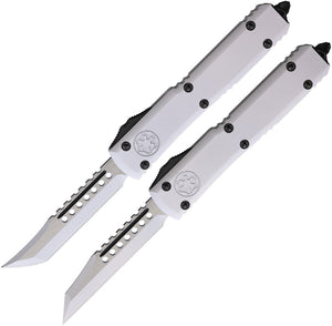 Microtech Automatic Combat Troodon Knives OTF White Aluminum Hellhound & Warhound 2pc Set 1191SETSTDS