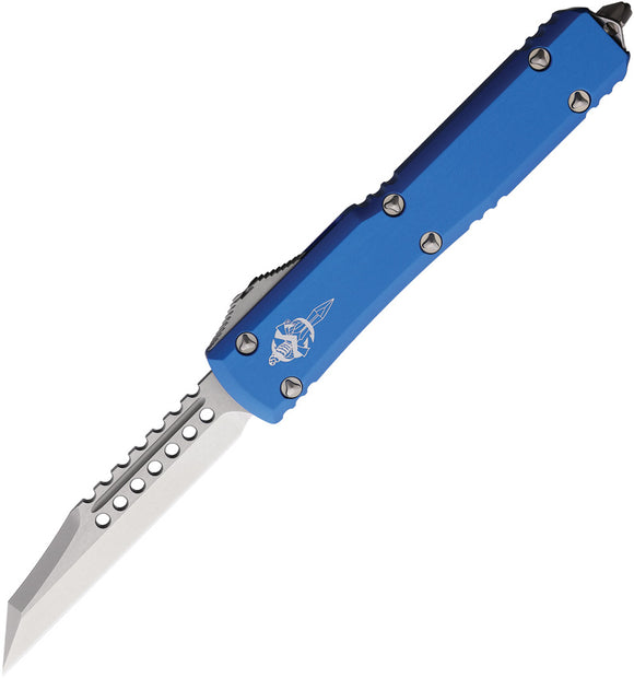 Microtech Automatic Ultratech Warhound OTF Knife Blue Aluminum Wharncliffe Blade 119W10BLS