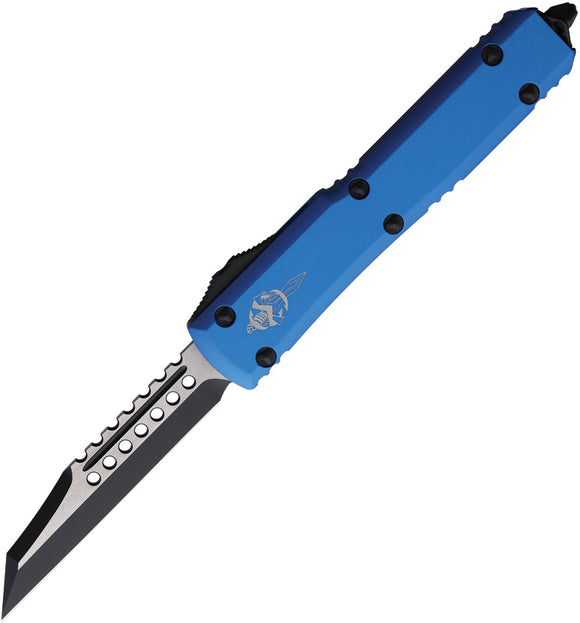 Microtech Automatic Ultratech Warhound OTF Knife Blue Aluminum Two-Tone Wharncliffe Blade 119W1BLS
