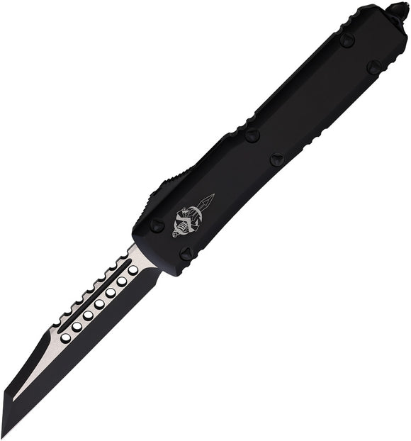 Microtech Automatic Signature Series Ultratech Warhound OTF Knife Black Aluminum Two-Tone Blade 119W1TS