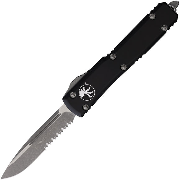 Microtech Automatic Ultratech OTF Knife Black Aluminum Apocalyptic Partial Serrated Drop Pt Blade 12111AP