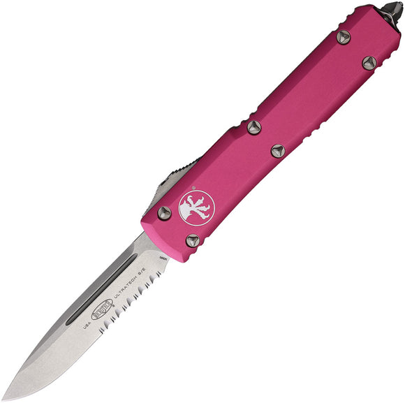 Microtech Automatic Ultratech OTF Knife Pink Aluminum Partial Serrated Drop Point Blade 12111PK