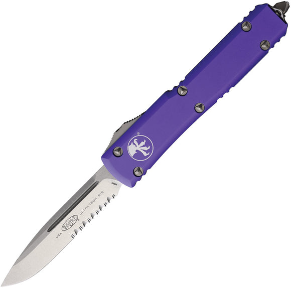 Microtech Automatic Ultratech OTF Knife Purple Aluminum Partial Serrated Drop Point Blade 12111PU