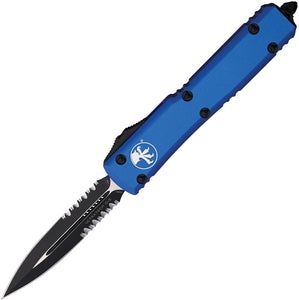 Microtech Automatic Ultratech OTF Knife Blue Aluminum Black Partial Serrated Double Edge Blade 1222BL