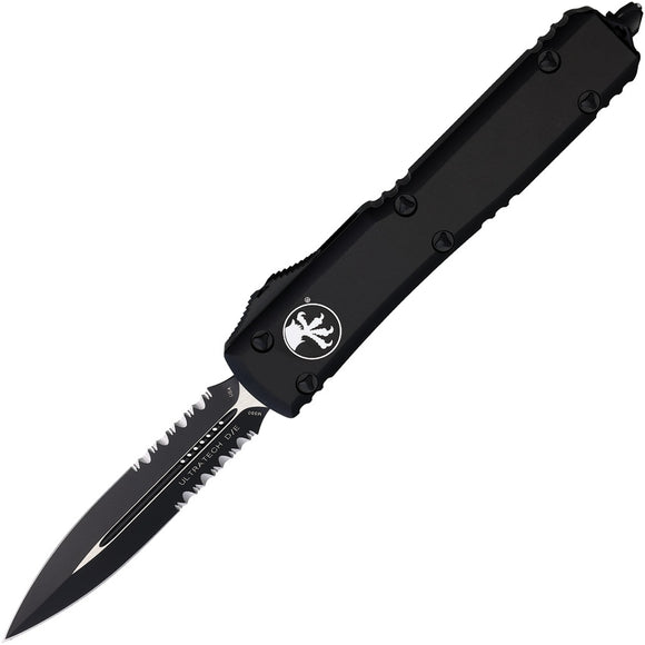 Microtech Automatic Ultratech OTF Knife Black Aluminum Black Partial Serrated Double Edge Blade 1222T