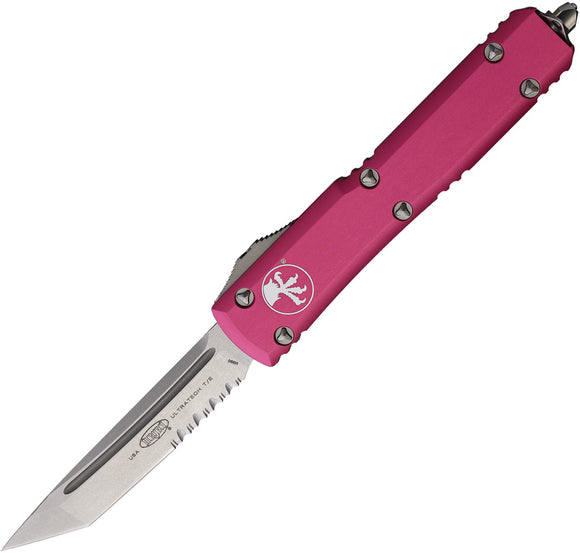 Microtech Automatic Ultratech OTF Knife Pink Aluminum Partial Serrated Tanto Blade 12311PK
