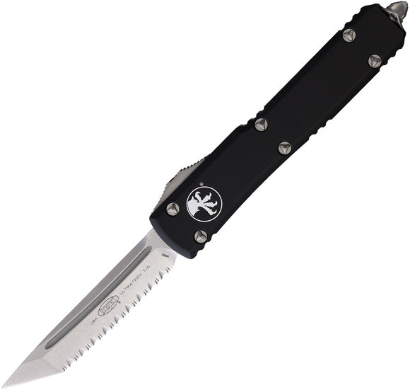 Microtech Automatic Ultratech OTF Knife Black Aluminum Stonewash Serrated Tanto Blade 12312