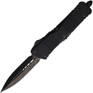 Microtech Automatic Combat Troodon OTF Knife Black Aluminum Damascus Double Edge Blade 14216DLCTSH