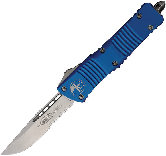 Microtech Automatic Combat Troodon OTF Knife Blue Aluminum Partial Serrated Drop Point Blade 14311BL