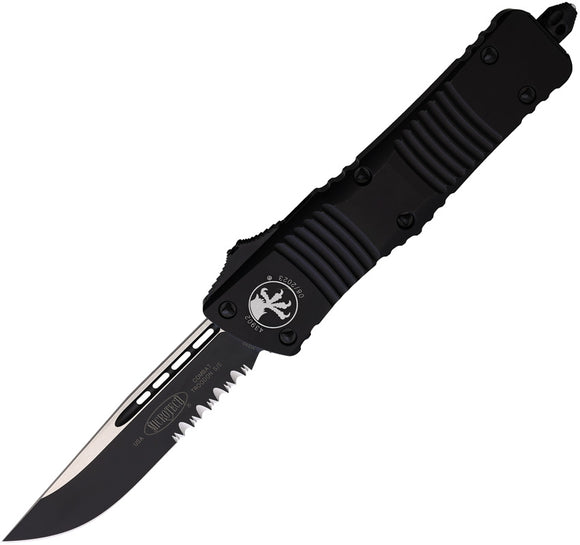 Microtech Automatic Combat Troodon OTF Knife Black Aluminum Black Partial Serrated Drop Pt Blade 1432T