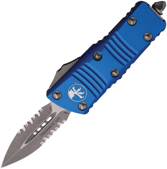 Microtech Automatic Mini Troodon OTF Knife Blue Aluminum Apocalyptic Partially Serrated Double Edge Blade 23811APBL