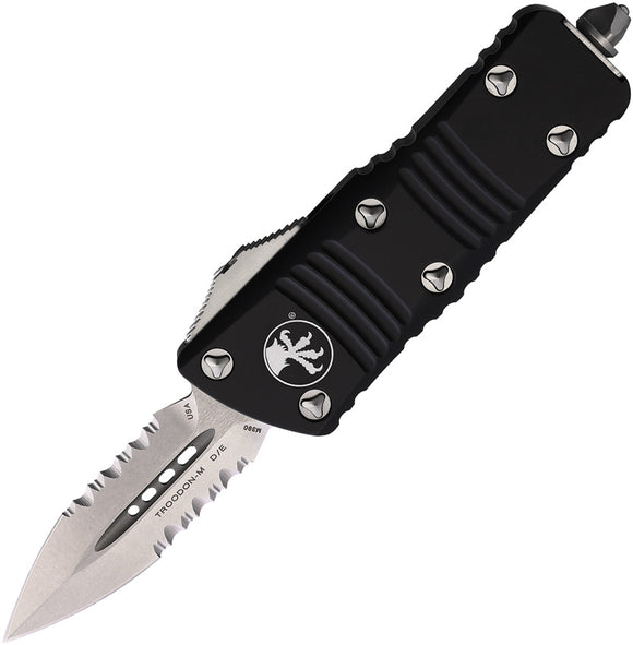 Microtech Automatic Mini Troodon OTF Knife Black Aluminum Partially Serrated Double Edge Blade 23811