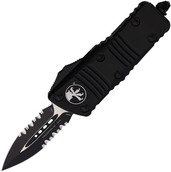 Microtech Automatic Mini Troodon OTF Knife Black Aluminum Black Partial Serrated Double Edge Blade 2382T