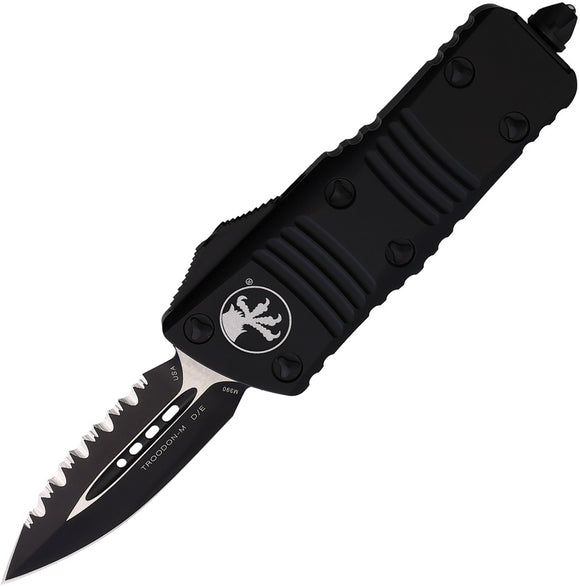 Microtech Automatic Mini Troodon OTF Knife Black Aluminum Black Serrated Double Edge Blade 2383T