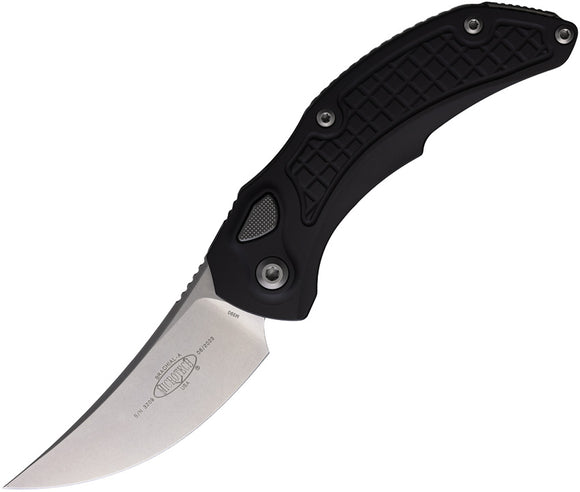 Microtech Automatic Brachial Knife Button Lock Black Aluminum Stonewash Trailing Pt Blade 268A10