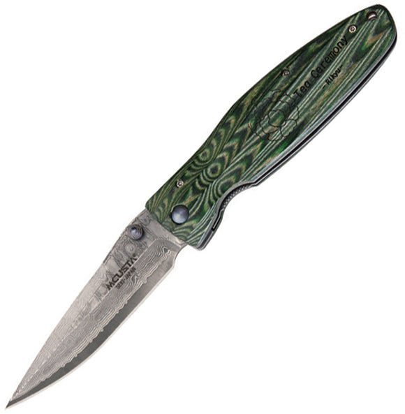 Mcusta Rikyu Green/Black Folding Damascus Steel Pocket Knife w/ Sheath 184D
