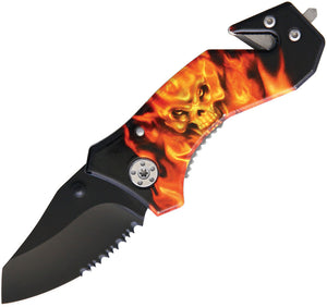 6.75" Black & Orange Flame Skull Folding Linerlock Serrated Pocket Knife 289