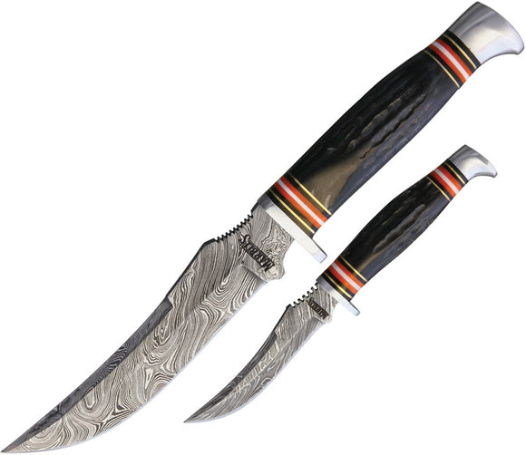 Marbles Jigged Horn Damascus Fixed Blade Knives + Sheath 455