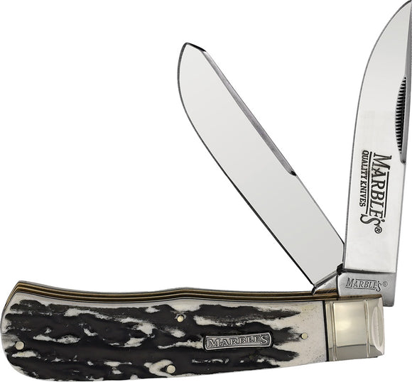 Marbles Jumbo Trapper Smooth Black Stag Folding Stainless Clip Point Pocket Knife 471