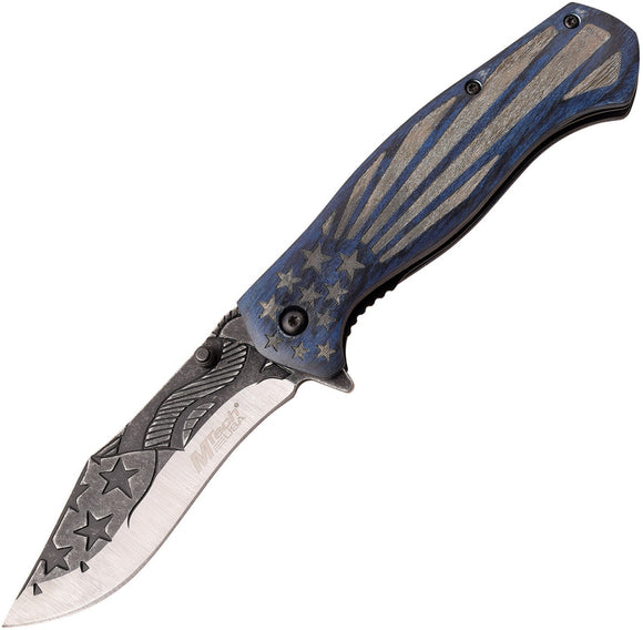 MTech Flag Linerlock A/O Blue Pakkawood Folding Two-Tone Pocket Knife A1157BL