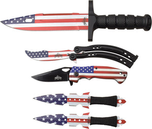 Master USA 5pc Flag Bowie Balisong Linerlock Throwing Knife Combo Set FLAGSET