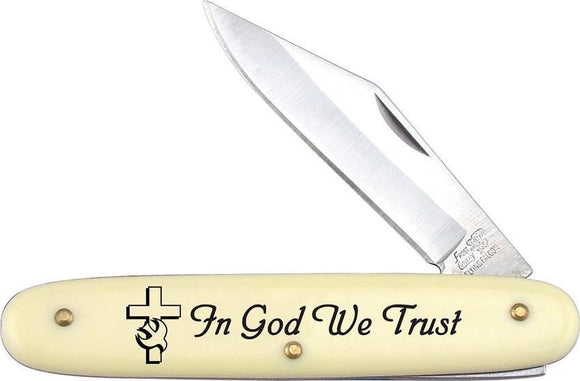 Frost In God We Trust Yellow Handle Novelty Stainless Clip Pt Folding Knife