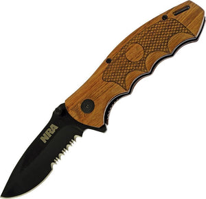 Frost Cutlery NRA Linerlock Black Folding Serrated Blade Wood Handle Knife