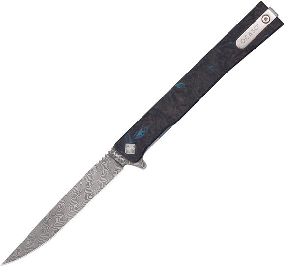 Ocaso Solstice Framelock Blue & Black Carbon Fiber Folding Damascus Knife 10IFB