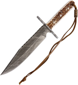 Old Forge Damascus Steel Hunter Stag Bone Fixed Blade Knife w/ Belt Sheath 041