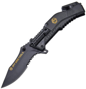 Off Grid Tools Survival Linerlock A/O Black Aluminum Folding Serrated Knife TA35