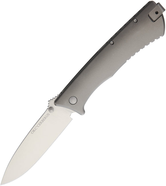 Ontario Cerberus Framelock Folding Drop Pt Blade Gray Titanium Handle Knife 1776