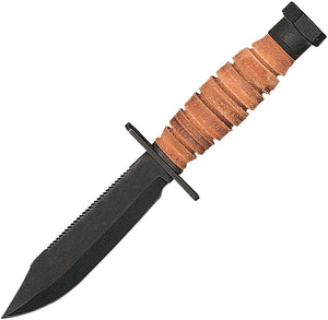 Ontario Air Force Survival Stacked Leather Black Fixed Blade Knife 6612TC