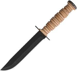Ontario 498 Stacked Leather Black Fixed Blade Combat Knife w/ Sheath 8189