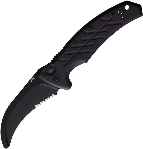 Ontario Automatic ARK Rescue Knife Button Lock Black Aluminum Serrated Blade 8739