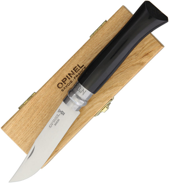 Opinel No 8 Horn Black Handle Stainless Mirror Finish Folding Blade Knife 00980