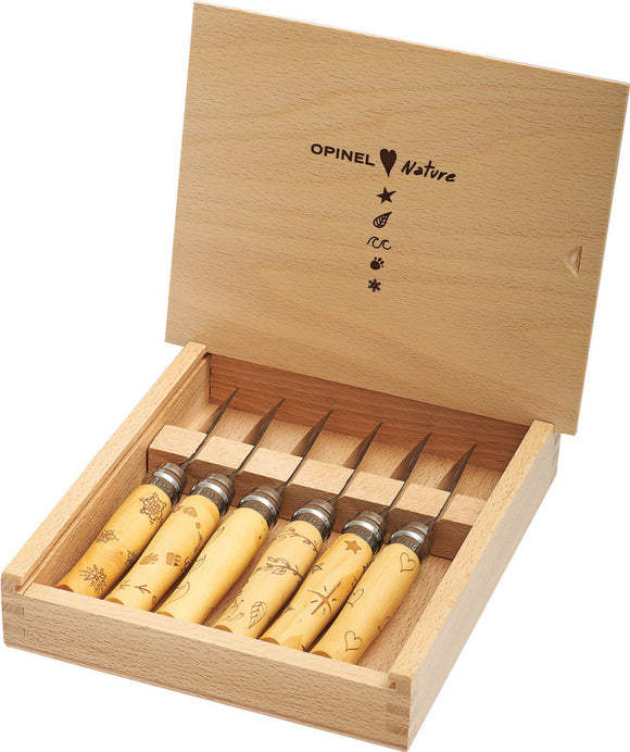 Opinel Nature Wood Box with 6 Clip Point Folding No.7 Knives Folder Set 01555