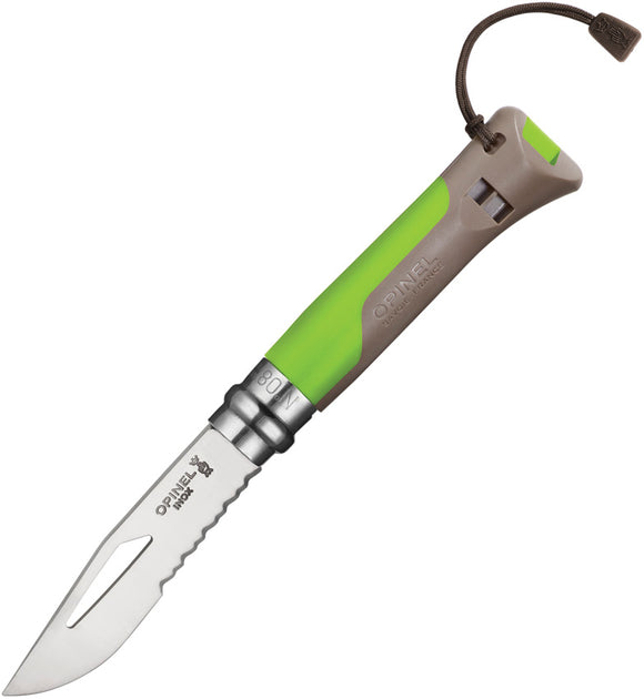 Opinel No 8 Outdoor Green Folding Pocket Knife Serrated w/ Whistle Survival 01715