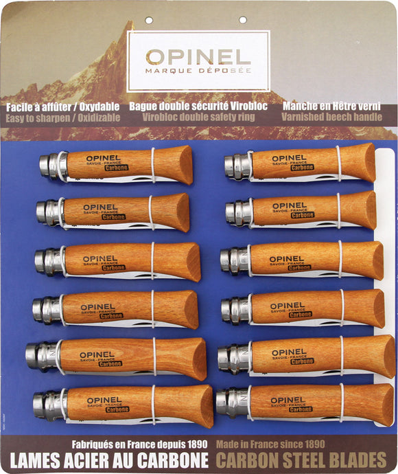Opinel Lot of 12 Piece Assortment Carbon Beech Wood Folding Pocket Knives 82085